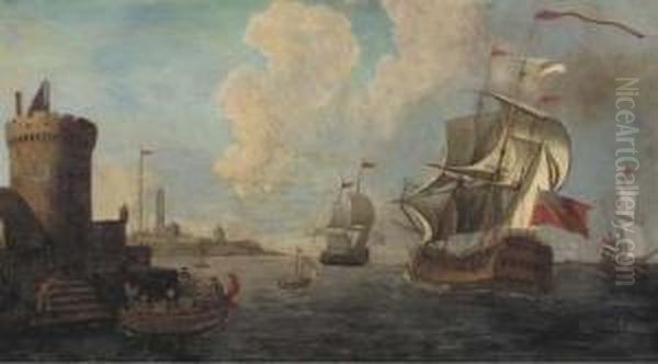 A Mediterranean Coastal Inlet With Dutch And British Men-o'war Andother Shipping Oil Painting by Adriaen Van Der Kabel