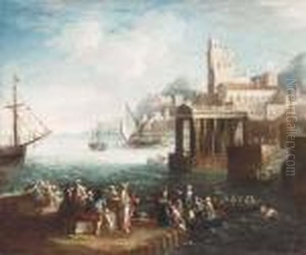 A Capriccio Of A Mediterranean Port With Figures On A Quay Andshipping Beyond Oil Painting by Adriaen Van Der Kabel