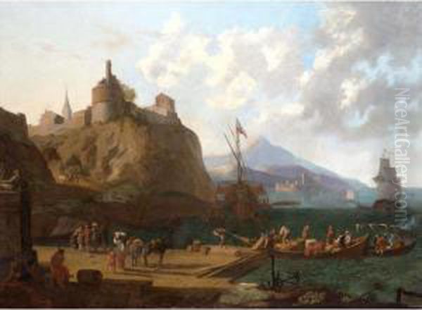 A Mediterranean Harbour Scene With Numerous Figures On A Quay Beneath A Fort Oil Painting by Adriaen Van Der Kabel