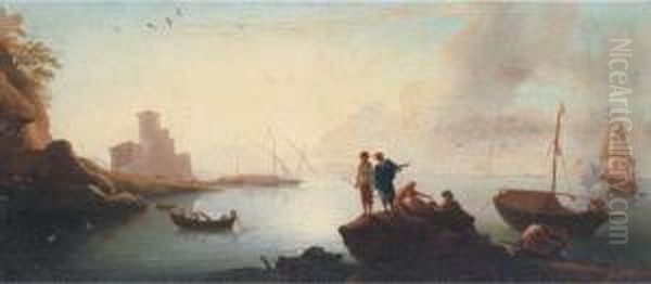 A Mediterranean Harbour Scene 
With Fishermen; And A Man O'warfiring A Salute In The Distance Oil Painting by Adriaen Van Der Kabel