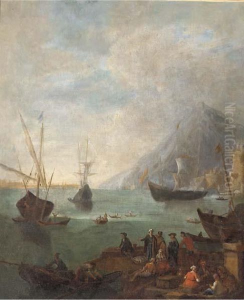 A Mediterranean Coastal Landscape With Fishermen And Other Figures In The Foreground Oil Painting by Adriaen Van Der Kabel