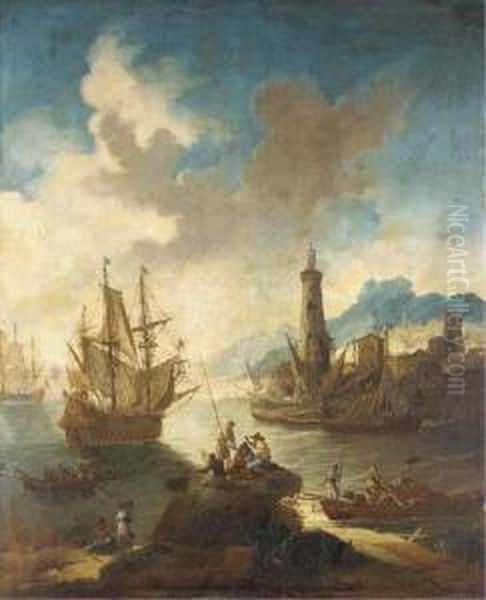 A Mediterranean Port With 
Fishermen In The Foreground, A Man-o'-war Offshore And A Lighthouse 
Beyond Oil Painting by Adriaen Van Der Kabel