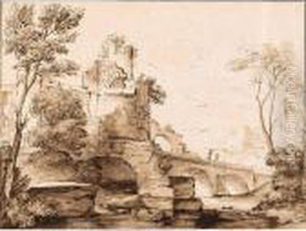 Italianate Landscape With Ruins, And Figures On A Bridge Oil Painting by Adriaen Van Der Kabel