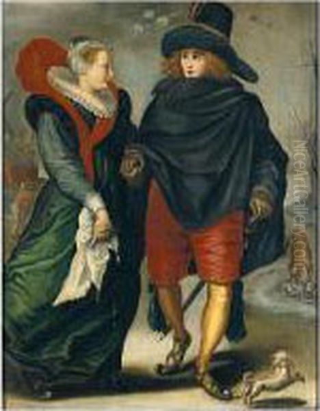 A Lady And A Gentleman Skating In A Winter Landscape Oil Painting by Adriaen Van Der Kabel