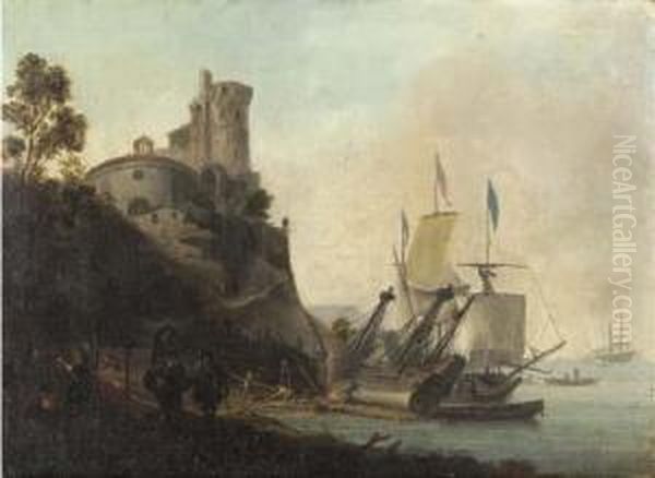 A Mediterranean Port Scene With A Ship Being Caulked Oil Painting by Adriaen Van Der Kabel