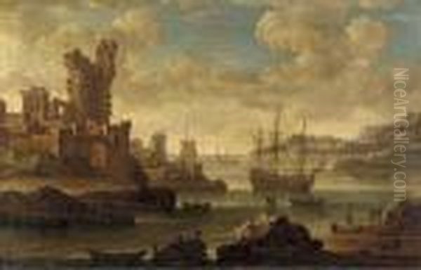 A Mediterranean Coastal Landscape Oil Painting by Adriaen Van Der Kabel