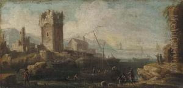 A Mediterranean Scene With Boats In An Estuary Oil Painting by Adriaen Van Der Kabel