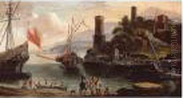 A View Of An Italianate Harbour Oil Painting by Adriaen Van Der Kabel