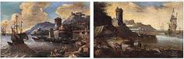 Mediterranean Port Scenes Oil Painting by Adriaen Van Der Kabel