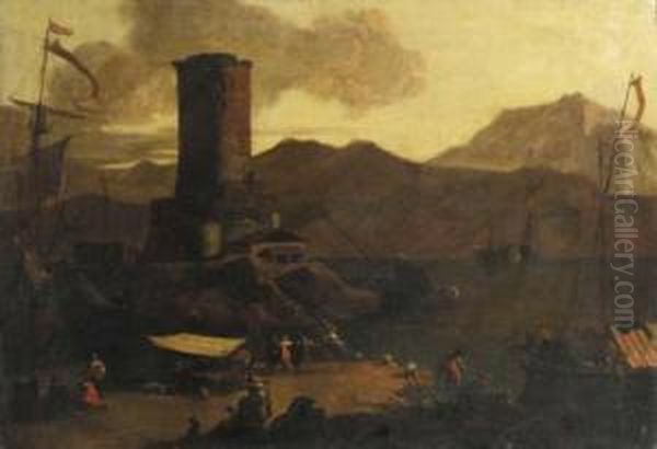 A Mediterranean Coastal 
Landscape With Fishermen And Merchants On Aquay By A Ruined Tower Oil Painting by Adriaen Van Der Kabel