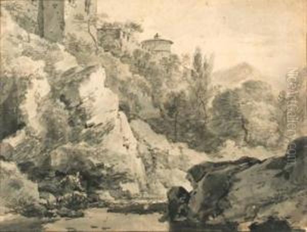 Italianate Buildings On A Rocky 
Rise By A River, Hills Beyond(recto); A Herdsman With Cattle In A Hilly 
Landscape (verso) Oil Painting by Adriaen Van Der Kabel