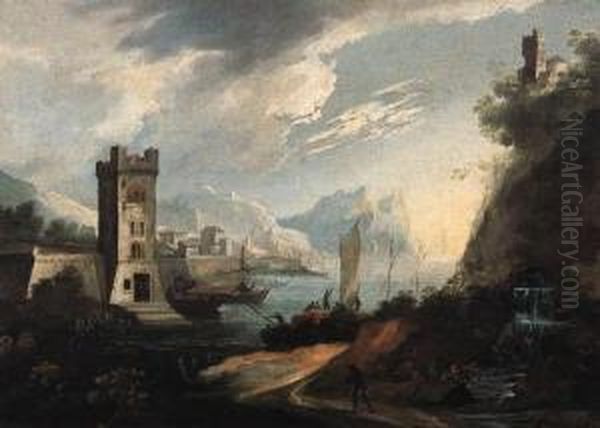 Marina Mediterranea Con Un Borgo Fortificato, Una Rupe Turrita Eduna Cascata Oil Painting by Adriaen Van Der Kabel