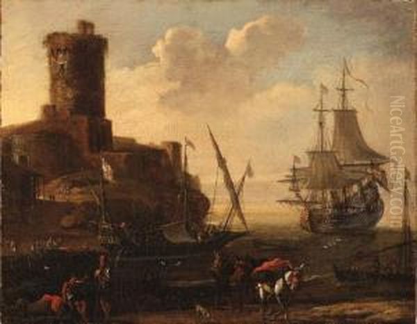 A Mediterranean Port Oil Painting by Adriaen Van Der Kabel