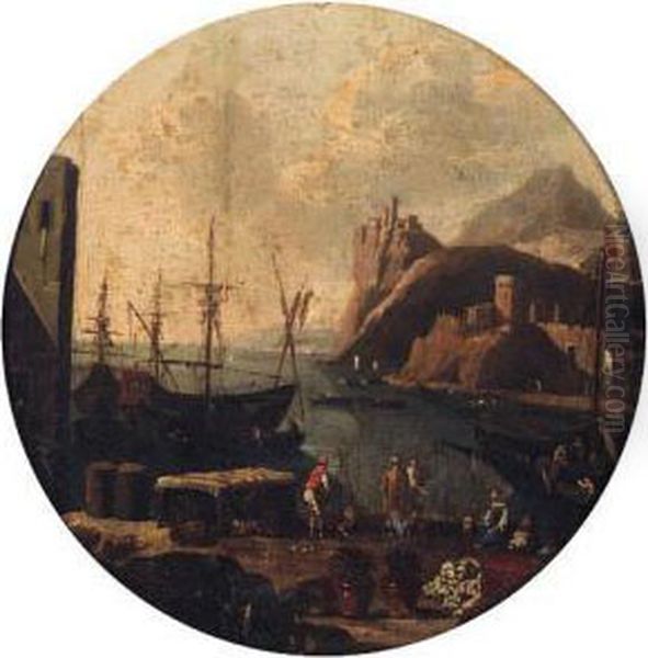 A Mediterranean Port With Figures On A Quay, A Clifftop Fortbeyond Oil Painting by Adriaen Van Der Kabel