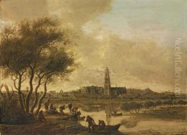 A Panoramic View Of The Rhine At Rhenen Oil Painting by Anthony Jansz. Van Der Croos