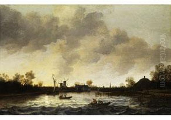 Seelandschaft Mit Fischern Im Kahn Auf Wellenbewegter Oberflache Oil Painting by Anthony Jansz. Van Der Croos