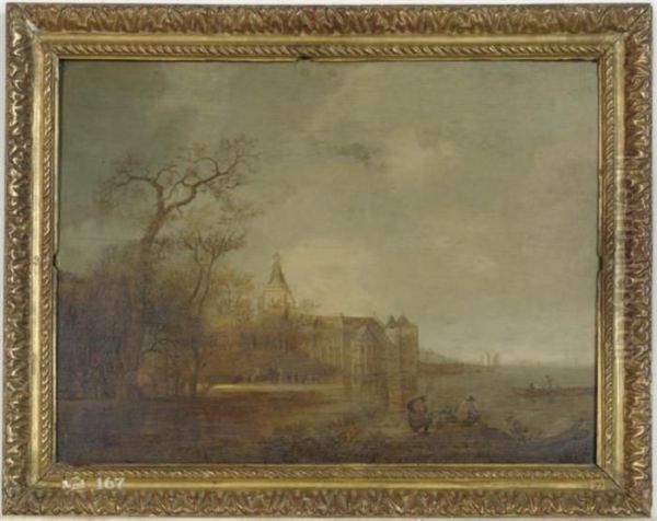 A Church By A Village On A Riverbank Oil Painting by Anthony Jansz. Van Der Croos