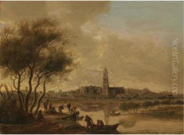 A Panoramic View Of Rhenen Seen 
From The South Bank Of The Nederijn, With The Church Of St Cunera Oil Painting by Anthony Jansz. Van Der Croos