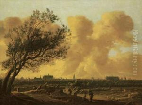 A Panaromic View Of Leiden With Figures Under A Tree In The Foreground Oil Painting by Anthony Jansz. Van Der Croos