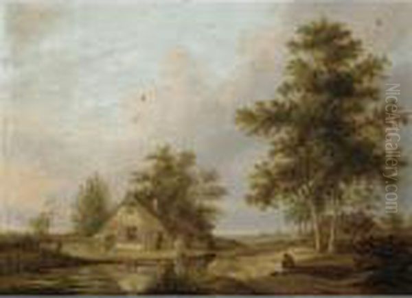 A Landscape With A Farmhouse Near A Pond, A Traveller Resting On A Path Nearby Oil Painting by Anthony Jansz. Van Der Croos