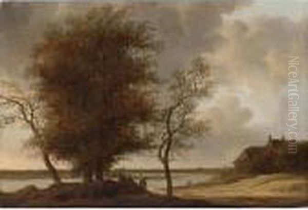 A River Landscape With Figures 
Resting Under A Tree, A Farmhouse To The Right, A Town In The Distance Oil Painting by Anthony Jansz. Van Der Croos