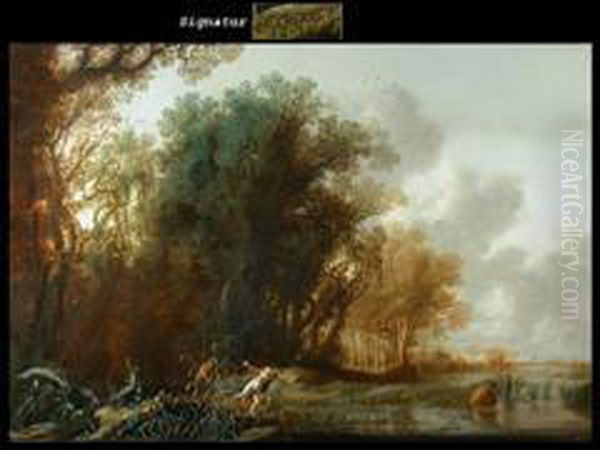 Pan Und Syrinx In Einer Waldlandschaft Mit Teich Oil Painting by Anthony Jansz. Van Der Croos