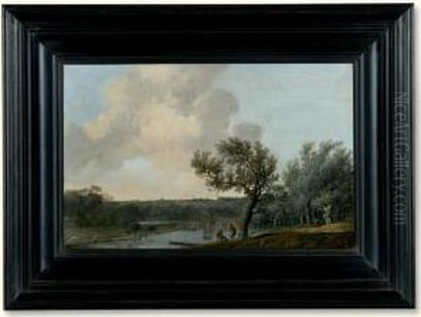 A Wooded River Landscape With A Bleaching Field Oil Painting by Anthony Jansz. Van Der Croos