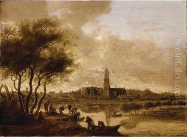 A View Of Rhenen Seen From The 
South Bank Of The Nederijn, Fishermen Unloading Their Catch In The 
Foreground Oil Painting by Anthony Jansz. Van Der Croos