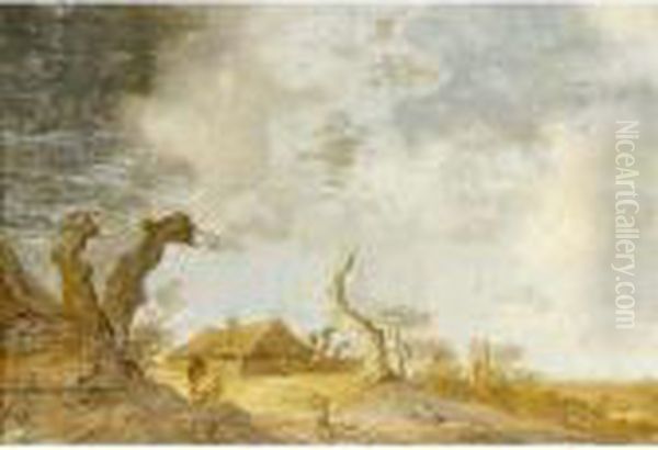 A Dune Landscape With Figures Conversing Near Tree Trunks, A Farm Beyond Oil Painting by Anthony Jansz. Van Der Croos