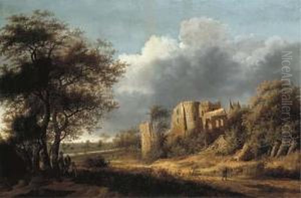 A Landscape With The Ruined Castle Of Egmond, A River Beyond Oil Painting by Anthony Jansz. Van Der Croos