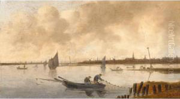 A River Landscape With Fishermen Taking In Their Nets Oil Painting by Anthony Jansz. Van Der Croos