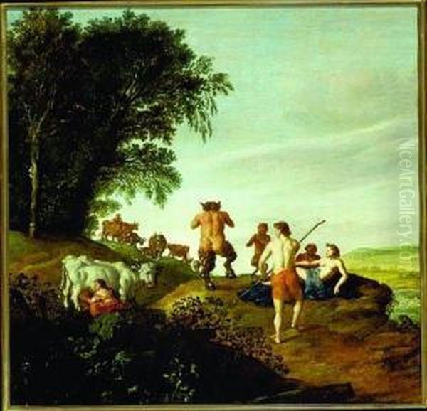 Shepherds And Satyrs In A Landscape Oil Painting by Anthony Jansz. Van Der Croos