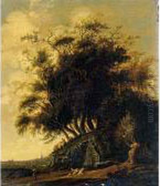 A Wooded Landscape With Figures Thatching A Barn, A View Of A Town Beyond Oil Painting by Anthony Jansz. Van Der Croos