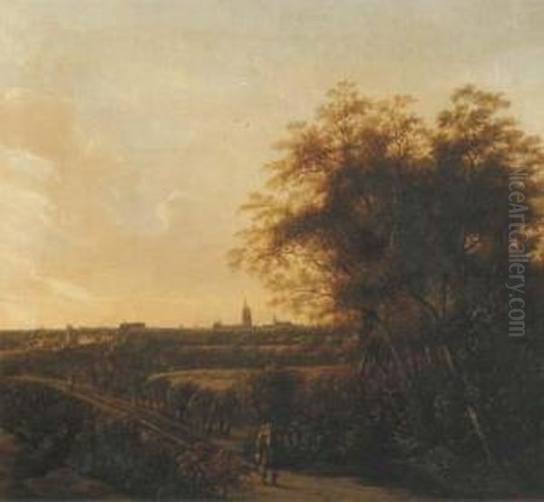 A Wooded Landscape With A 
Sportsman And His Dog On A Sandy Road, A View Of The Hague In The 
Distance Oil Painting by Anthony Jansz. Van Der Croos