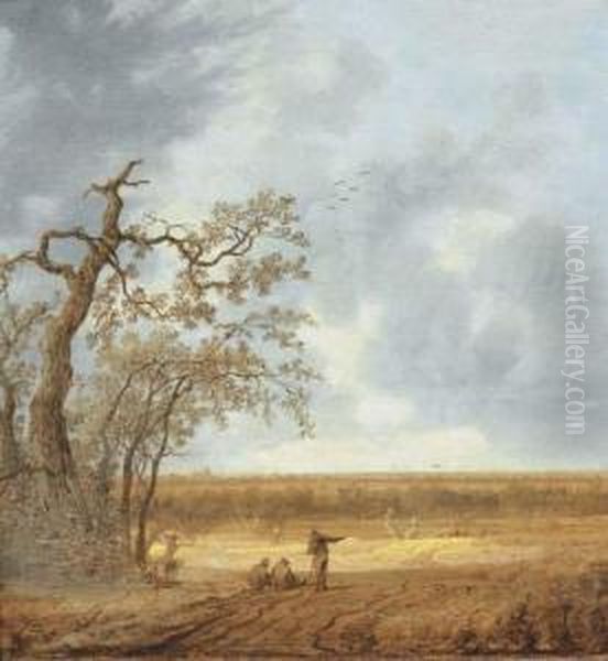 An Extensive Landscape With Peasants Conversing By A Deadtree Oil Painting by Anthony Jansz. Van Der Croos