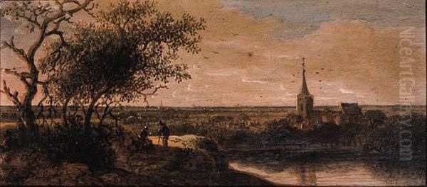 A Village By A River With Peasants On A Track In Theforeground Oil Painting by Anthony Jansz. Van Der Croos