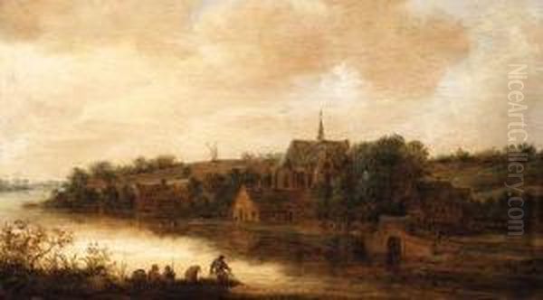 A River Landscape With Anglers In A Punt, A Church Beyond Oil Painting by Anthony Jansz. Van Der Croos