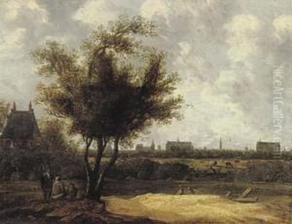 A Wooded Landscape With Figures In The Foreground And The City Of Leiden In The Distance Oil Painting by Anthony Jansz van der Croos