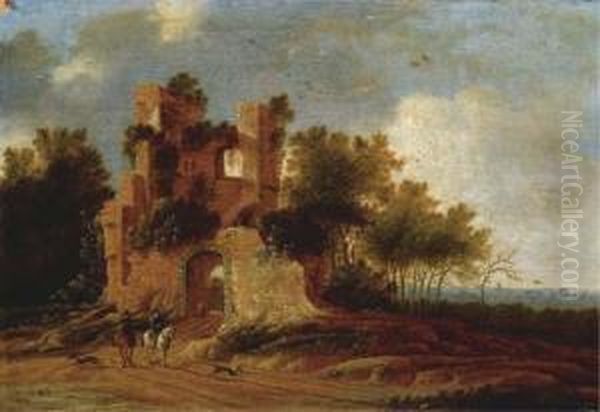 Travellers On Horseback By A Ruinous Gate, A Town In The Distance Oil Painting by Anthony Jansz van der Croos