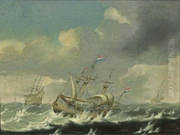 A Small Cargoship And Men'-o-war In Stormy Waters Oil Painting by Anthony Jansz van der Croos