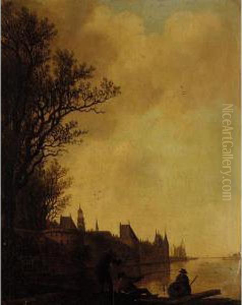 A River Landscape With Fishermen
 Before The Walls Of A Town, Possibly A View Of Rhenen With The Church 
Of Saint Cunera Oil Painting by Anthony Jansz van der Croos