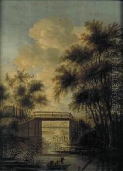 River Landscape With A Bridge Oil Painting by Anthony Jansz van der Croos