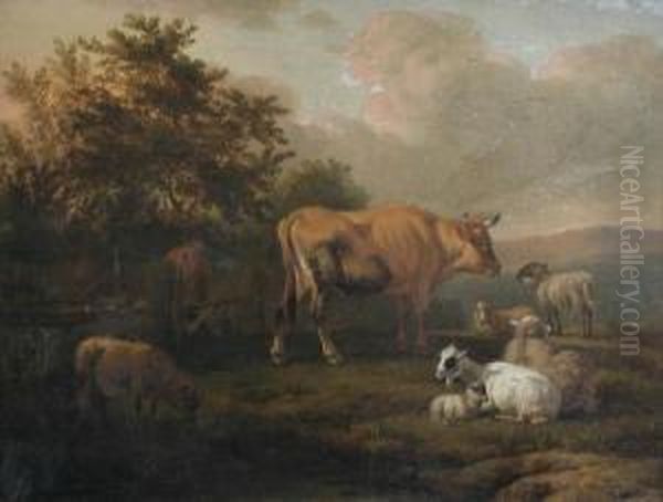 Cattle And Sheep In A Landscape Oil Painting by Jacob Van Der Does I