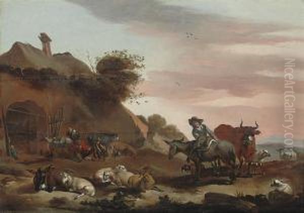 Herdsmen And Their Cattle At Rest In A Landscape Oil Painting by Jacob Van Der Does I