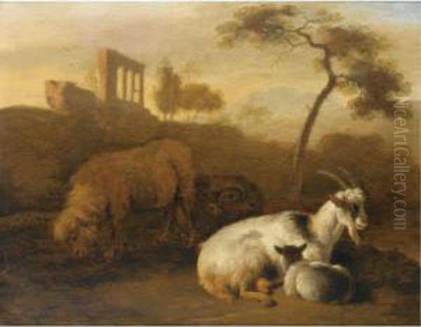 Sheep And Goats In A Landscape With A Ruin Beyond Oil Painting by Jacob Van Der Does I