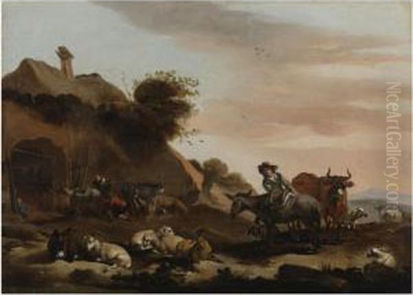 Landscape With Herders Tending To Their Livestock Outside Of A Barn Oil Painting by Jacob Van Der Does I