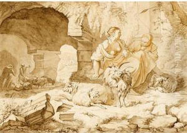 Two Shepherdesses And Their Sheep Near A Classical Ruin, Other Shepherds Beyond Oil Painting by Jacob Van Der Does I