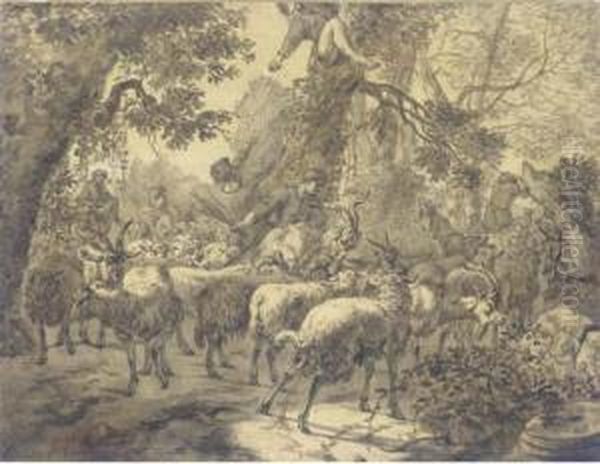 Herdsmen Driving Flocks Through A Forest Oil Painting by Jacob Van Der Does I