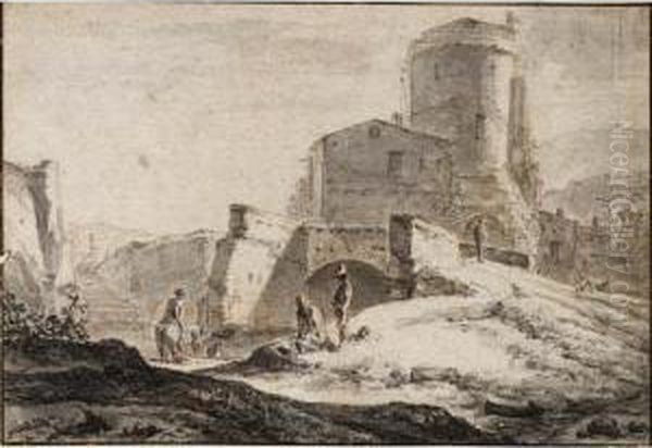 An Italianate Landscape With Travellers Near A River, And A Tower Behind Oil Painting by Jacob Van Der Does I