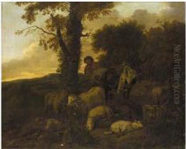 Landscape With A Shepherd And His Flock Oil Painting by Jacob Van Der Does I